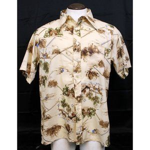 VTG 70s Jp2 Bardon Inc Men XL Beige Shirt Button Up Collared Short Sleeve Horses
